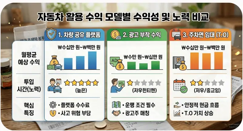 자동차 활용 수익 모델별 수익성 및 노력 비교