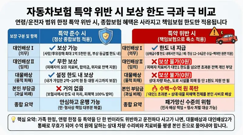 명의는 내 이름인데, 부모님이나 가족이 운전하다 사고 나면 누구 책임일까? 2 자동차보험 특약 위반시 보상 한도 극과 극 비교