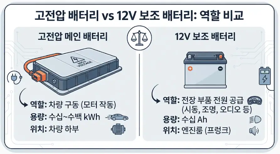 고전압 배터리 vs 12V 보조 배터리 - 역할 비교