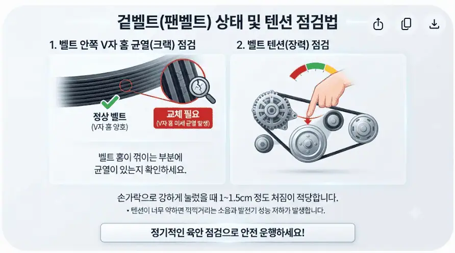 팬벨트 소음 해결법? 겉벨트 교체시기와 끊어졌을 때 응급처치 2 겉벨트(팬벨트) 상태 및 텐션 점검법
