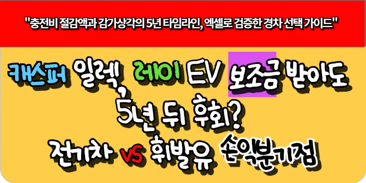 캐스퍼 일렉, 레이 EV 보조금 받아도 5년 뒤 후회? 전기차 vs 휘발유 손익분기점
