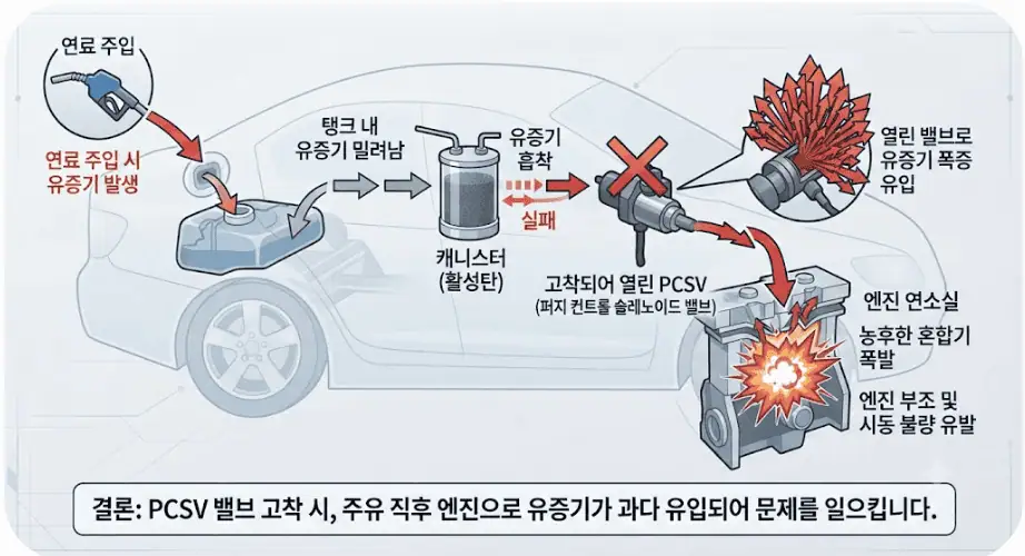 PCSV 밸브 고착으로 인한 주유 시 유증기 엔진 과다 유입 원리