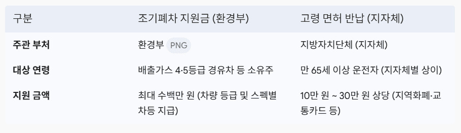 부모님 명의 노후 차량, 조기폐차 지원금과 고령운전자 면허반납 혜택(10만원) 중복 수령 방법 2 2026년 기준 조기폐차 지원금과 고령 면허 반납 지원 금액 비교