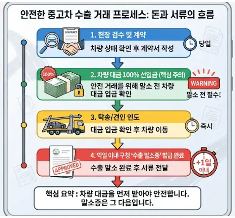 폐차 고철값의 2배? 내차 안전하게 중고차수출하는 방법과 정식업체 판별법 2 안전한 중고차 수출 거래 프로세스 - 돈과 서류의 흐름