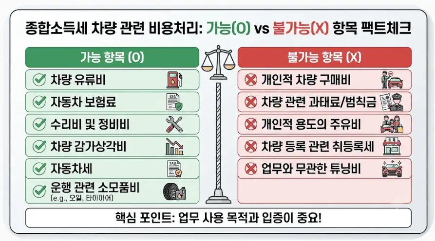 프리랜서(N잡러) 종합소득세 신고시 차량 유지비 비용 처리 팩트체크 2 종합소득세 차량 관련 비용처리 - 가능 vs 불가능 항목 팩트체크