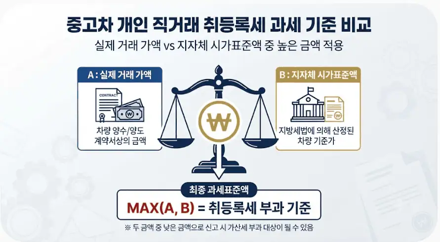 중고차 개인 직거래 취등록세 과세 기준 비교