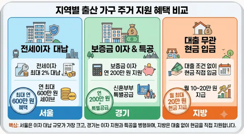 아이 낳고 전세금 다 내면 호구? 서울·경기·지방 출산 주거 혜택 팩트체크 (안 받으면 매년 600만원 손해) 2 지역별 출산 가구 주거 지원 혜택 비교