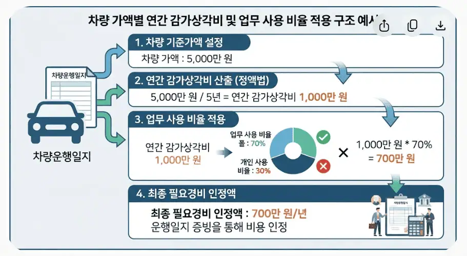 프리랜서(N잡러) 종합소득세 신고시 차량 유지비 비용 처리 팩트체크 3 차량 가액별 연간 감가상각비 및 업무 사용 비율 적용 구조예시