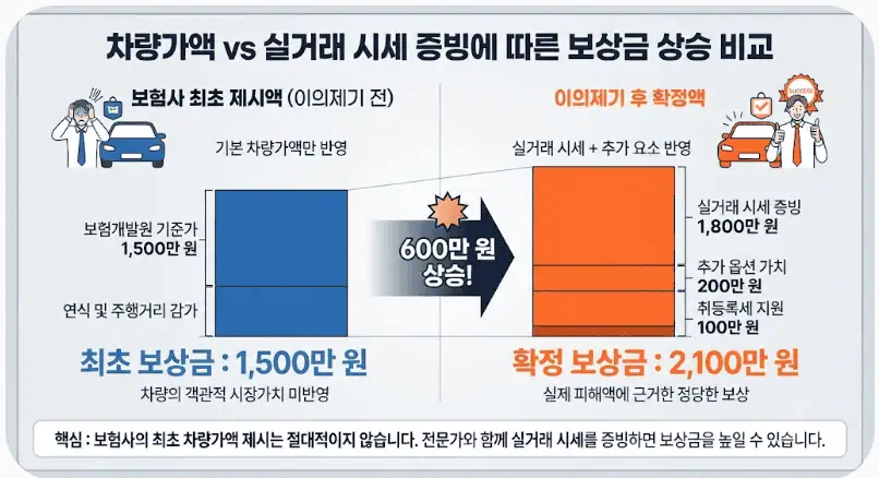 차량가액 vs 실거래 시세 증빙에 따른 보상금 상승 비교