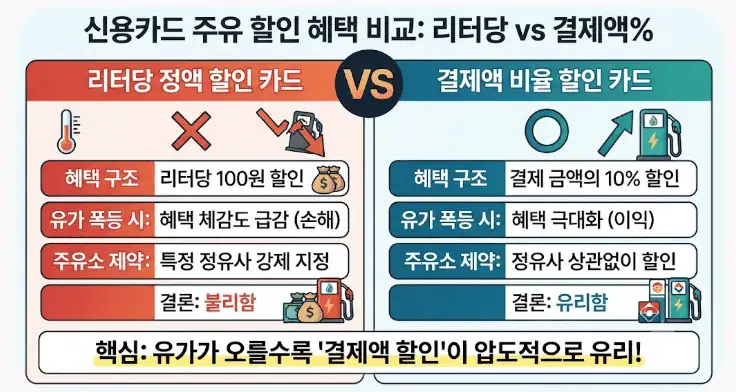 신용카드 주유 할인 혜택 비교 - 리터당 vs 결제액%