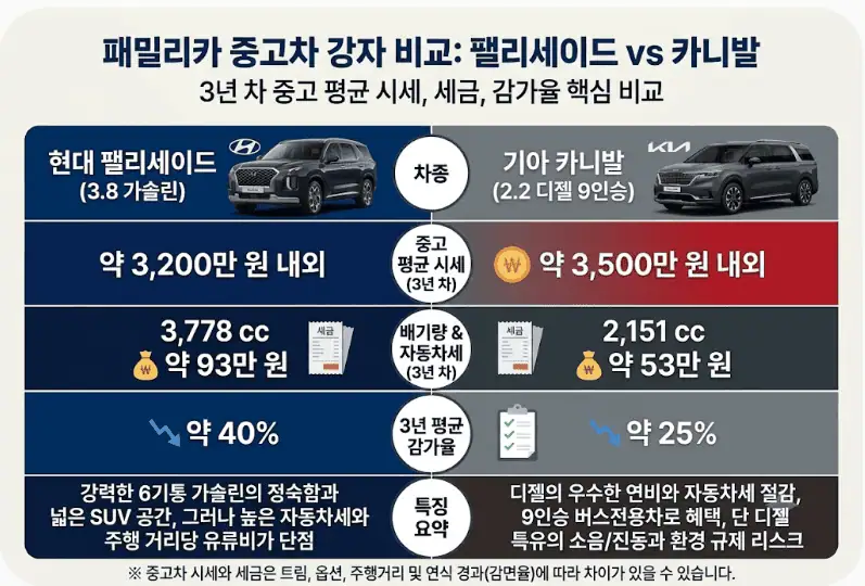 패밀리카 중고차 강자 비교 - 팰리세이드 vs 카니발