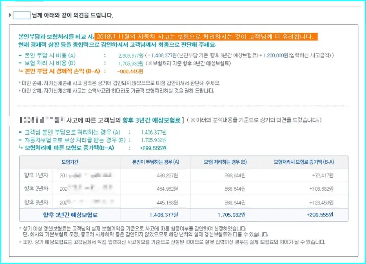 사고 보험처리시 향후 3년 예상비용 결과 화면