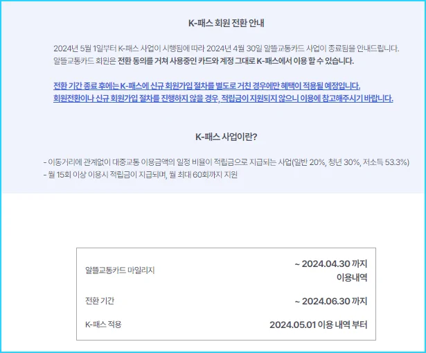 알뜰교통카드 홈페이지에 공고되고 있는 K-패스 회원전환 안내문 2024년 6월 30일까지이다.